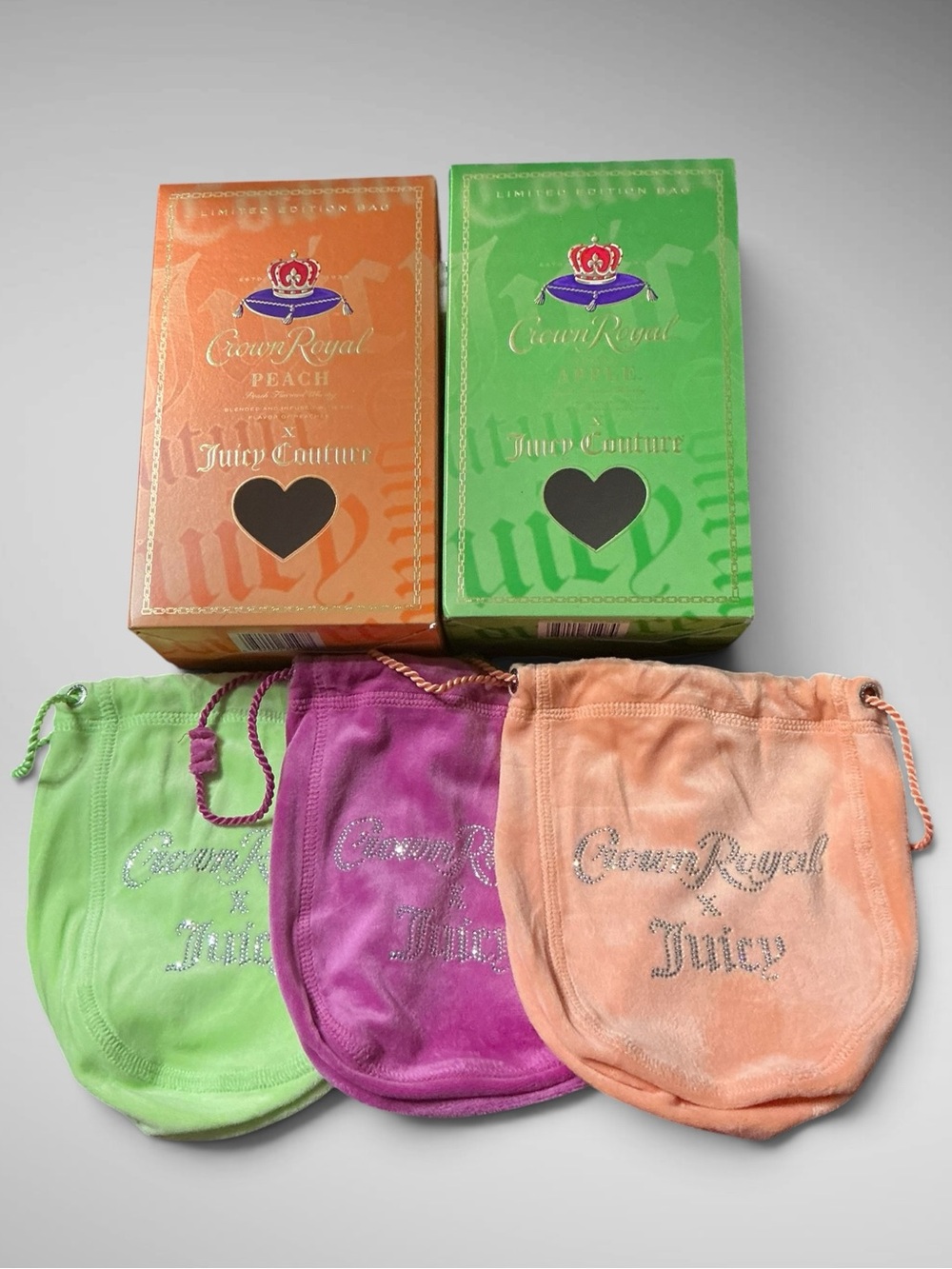 Crown Royal x Juicy Couture Velvet Bag Set Apple Peach Blackberry Limited